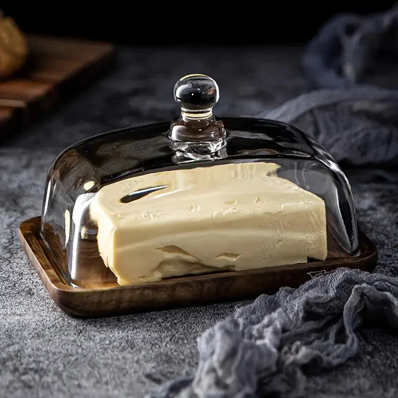 Bristle Butter Dish with Lid - Glass and Wooden Base, Elegant Design