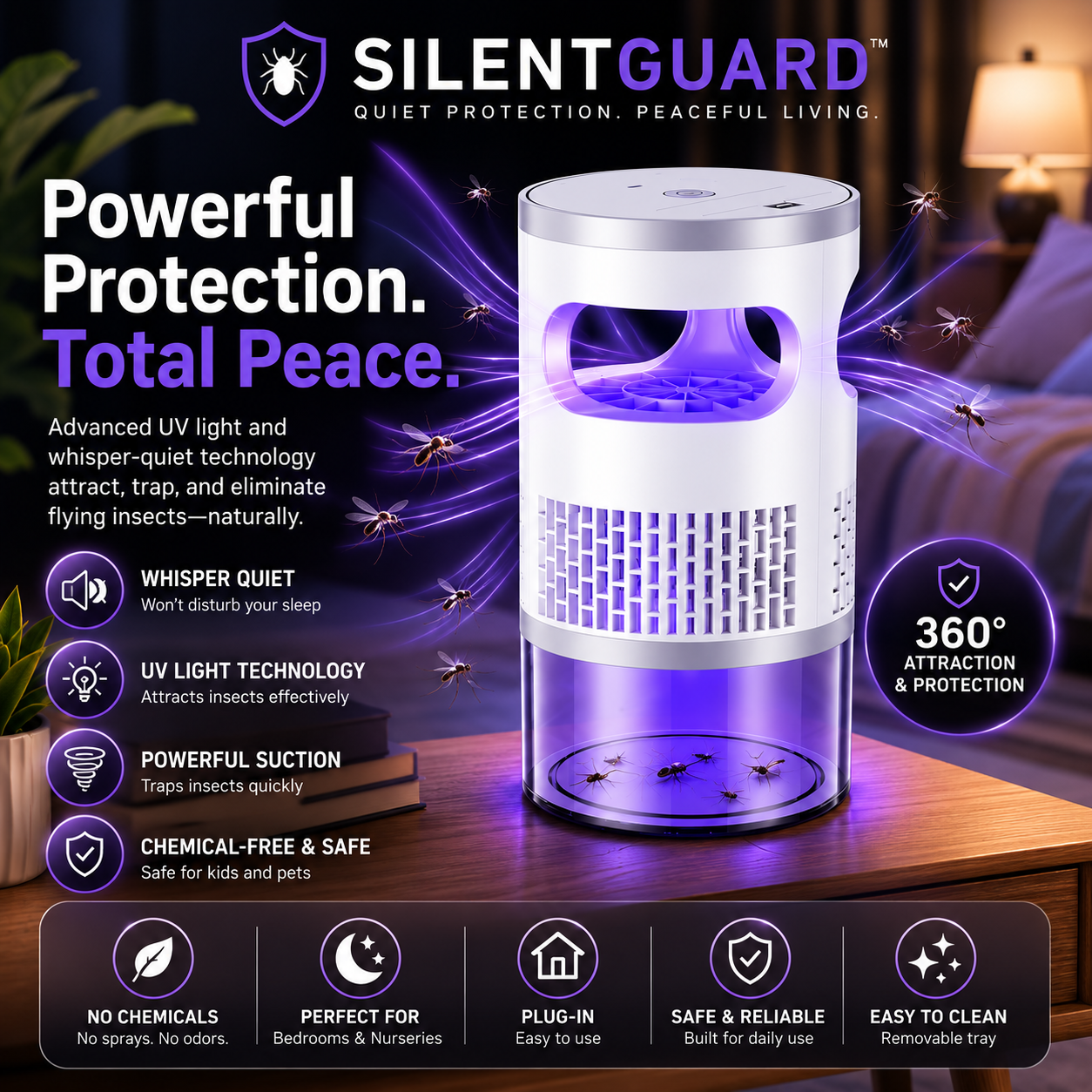 SilentGuard™ UV Flying Insect Trap- Quiet Protection. Peaceful Living