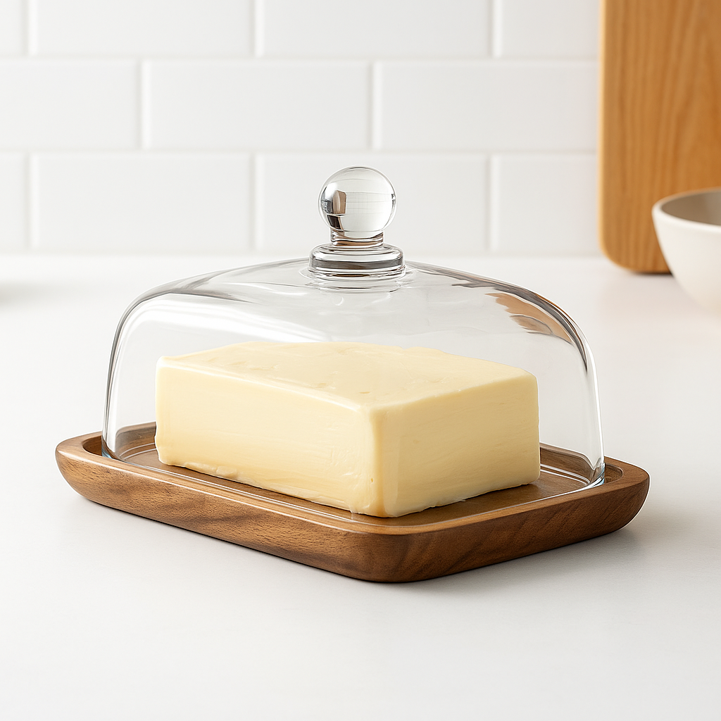 Bristle Butter Dish with Lid - Glass and Wooden Base, Elegant Design
