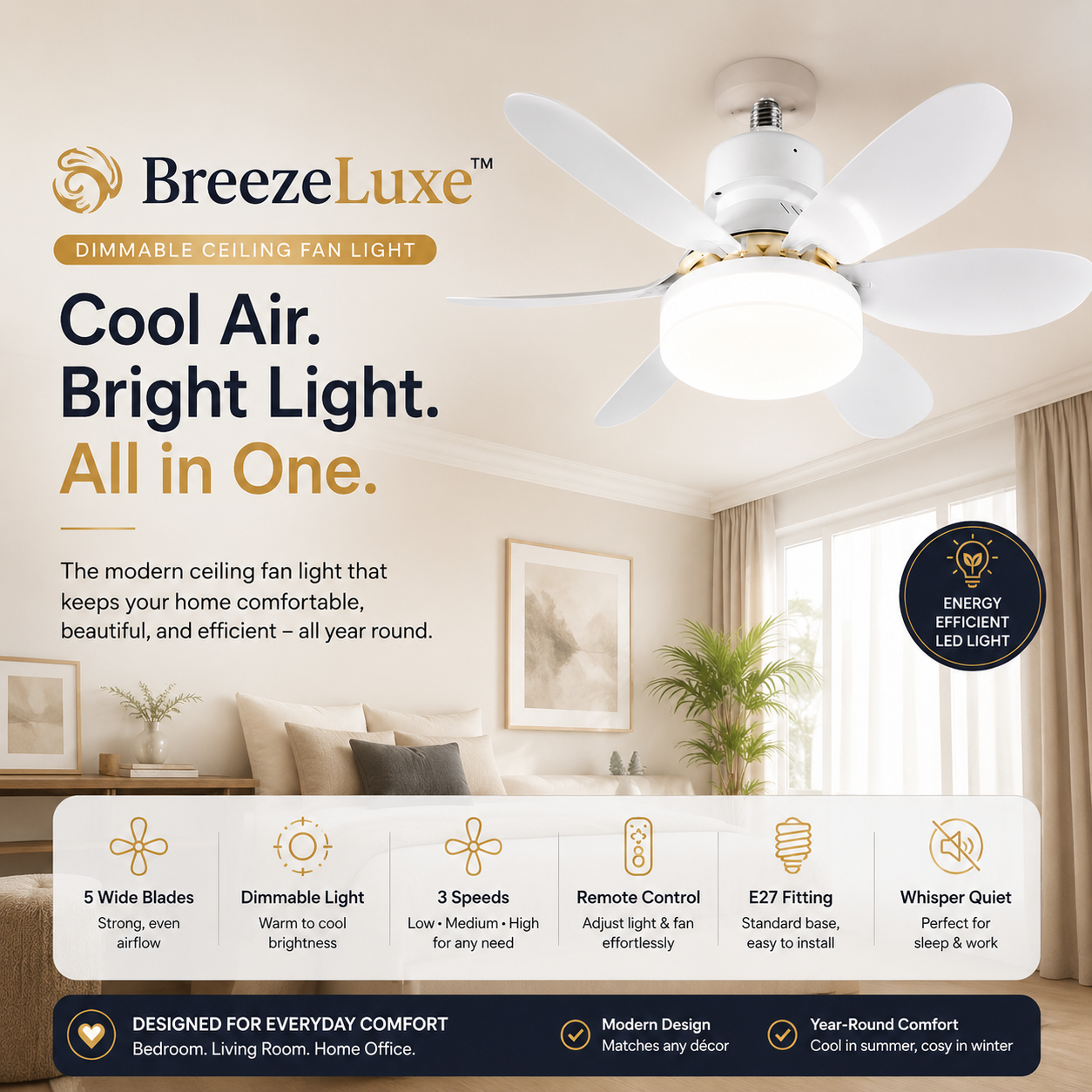 BreezeLuxe™ - No Electrician. No Wiring. Just Screw It In.